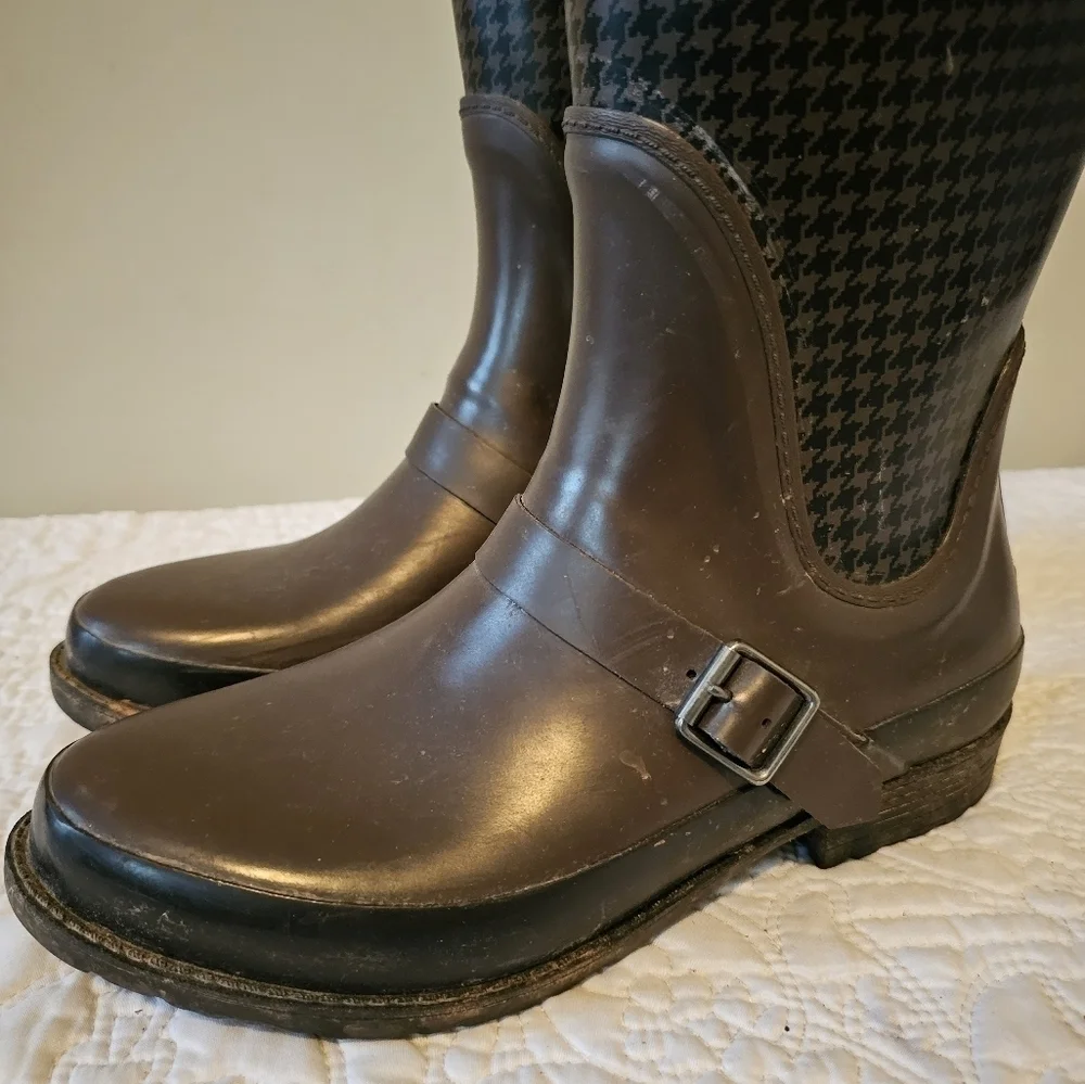 LL BEAN Wellie Tall, Black & Brown Houndstooth, Waterproof Rain Boots 9.5/10